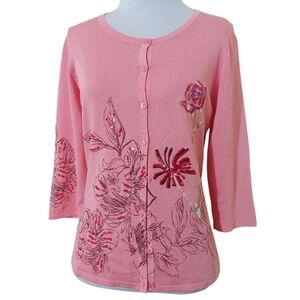 Vertigo Paris Pink Floral Embroidered Viscose Button Down Cardigan Sweater